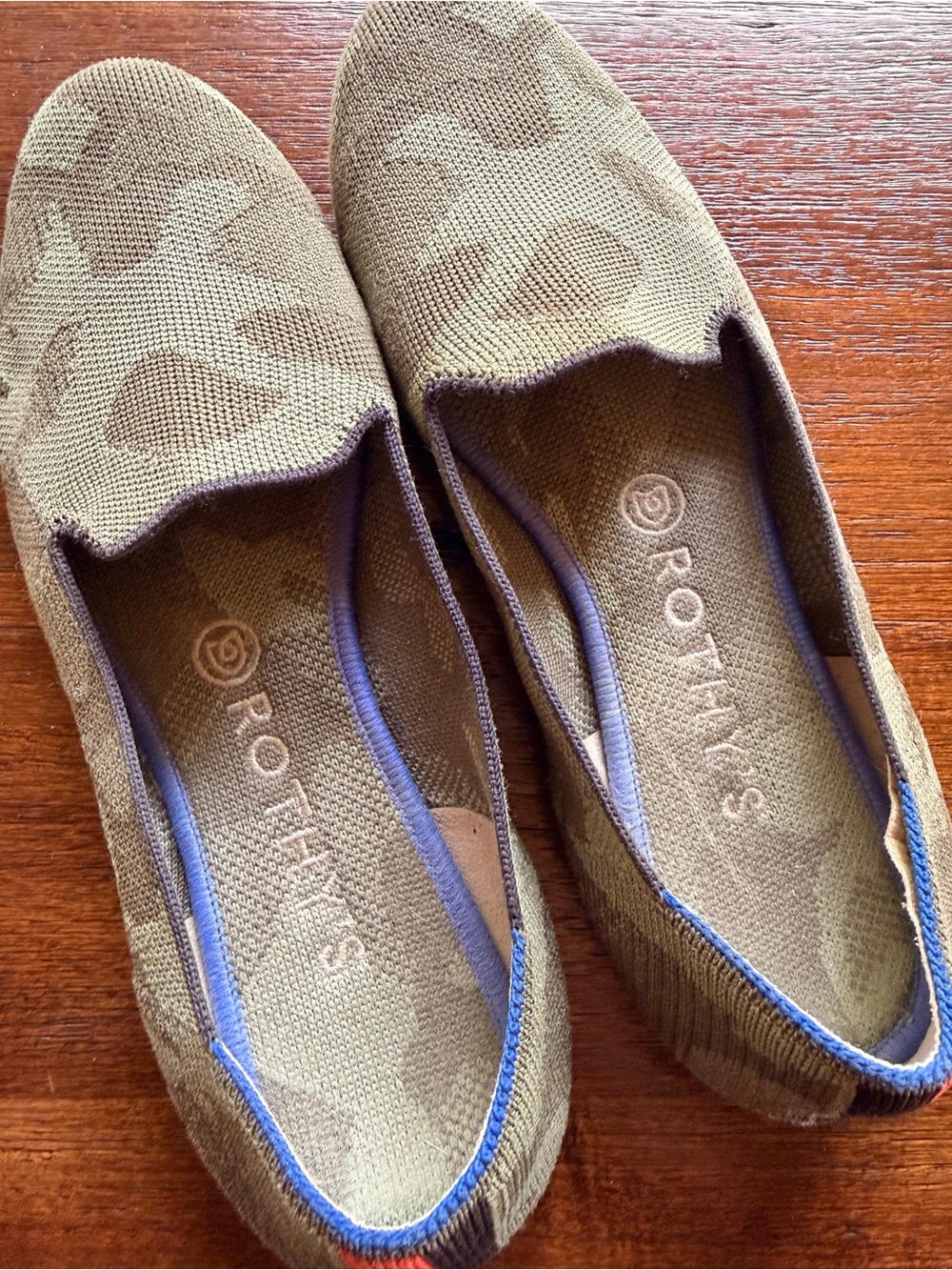 Rothy's Olive Camo Knit Slip-On Flats with Blue Trim
